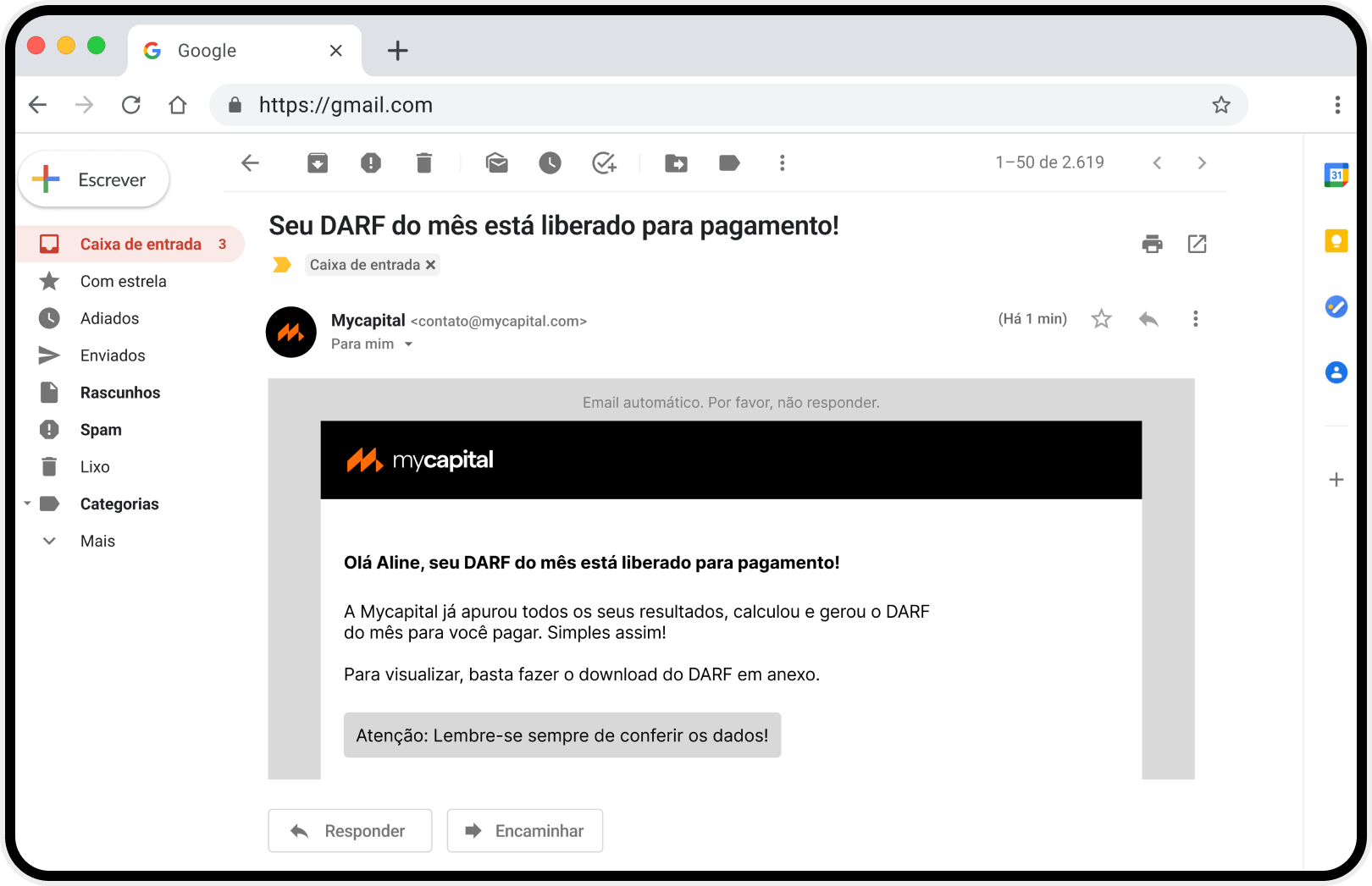 Tela da Plataforma Mycapital mostrando o envio o DARFchegando no e-mail de forma automática para seus clientes​