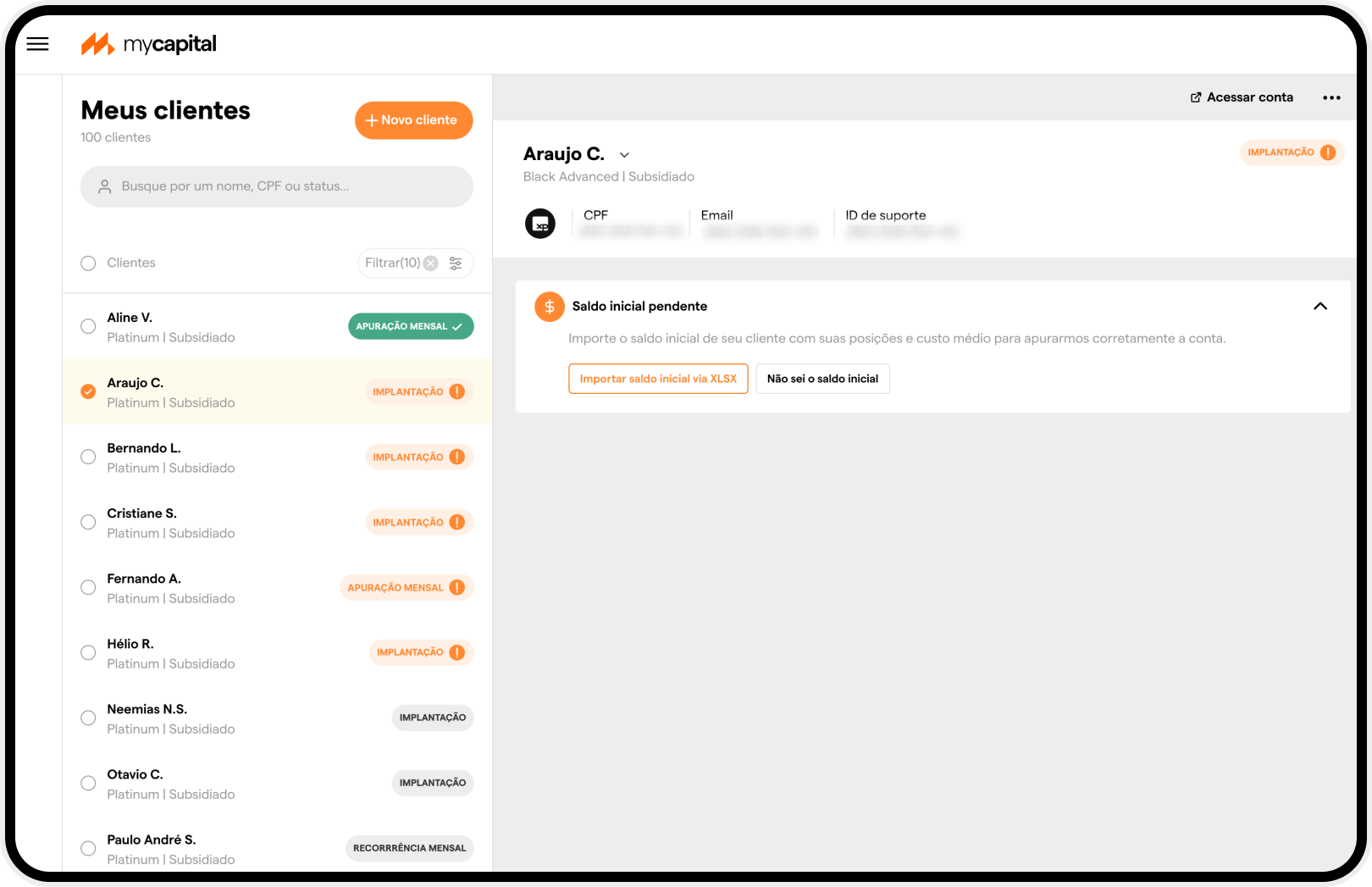 Tela da Plataforma Mycapital mostrando a facilidade de realizar a gestão dos clientes na plataforma